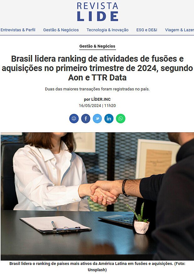Brasil lidera ranking de atividades de fuses e aquisies no primeiro trimestre de 2024, segundo Aon e TTR Data